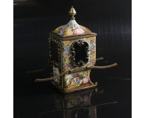 A 19thC Viennese silver gilt and enamel miniature Sedan Chair,&nbsp;the hinged door revealing glazed shelf interior, probably