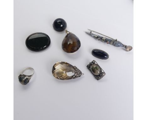 A Scottish grey agate Dirk Brooch, 8cm long, together with two facetted pear shaped citrine pendants, one 9ct gold mounted, f