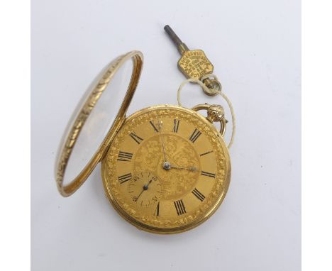 An early Victorian 18ct gold open face Pocket Watch, the gilt dial with folaite decoration, Roman numerals and subsidiary sec