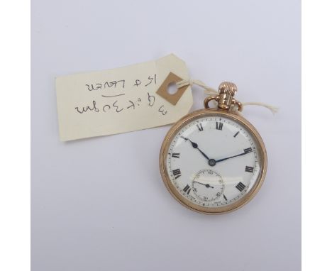 A 9ct gold open face Pocket Watch,&nbsp;the white enamel dial with black Roman Numerals and subsidiary seconds dial, manual c