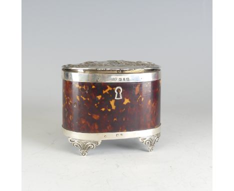 A late Victorian silver mounted tortoiseshell Tea Caddy,&nbsp;hallmarked Birmingham 1899, makers mark obscured, of oval form,
