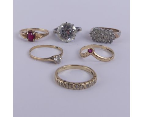 Four 9ct yellow gold Rings, one with V shaped front set ruby, Size O, one small diamond points, Size L, one white paste, Size