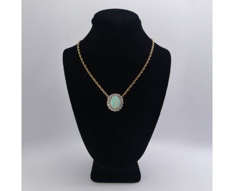 An opal and diamond Cluster, the central oval opal, 12.6mm long within a surround of sixteen circular diamonds, the whole clu