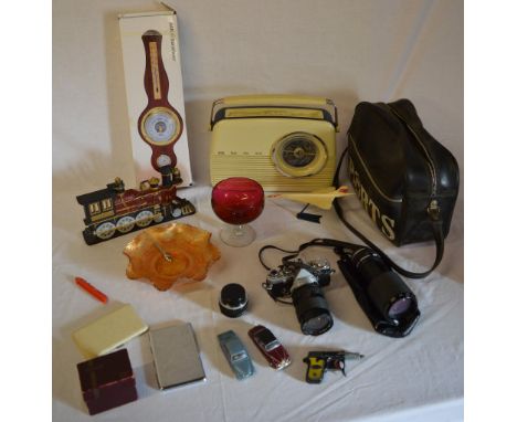 Modern Bush radio, modern banjo barometer, cast iron door stop, various camera lenses etc