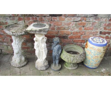 Bird table, sundial (af), statue, planter & patio stool