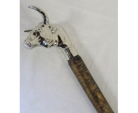 Walking stick, hazel shank with chrome bull's head