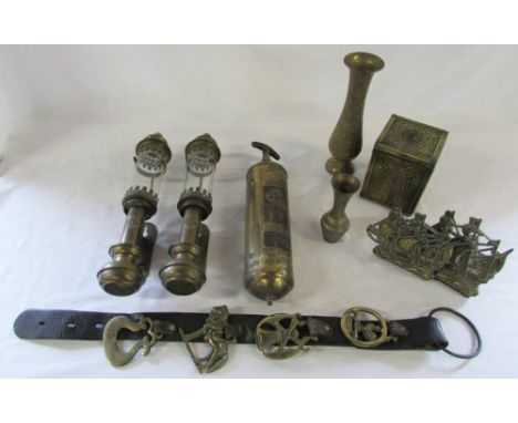Pair of carriage lamps (LNWR), brass fire extinguisher, 'Mayflower' bookends, tea caddy, vases and horse brasses