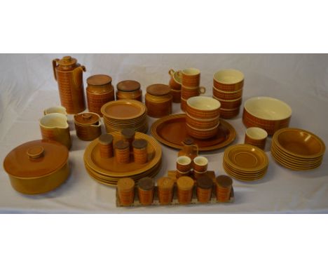 Large collection of Hornsea Saffron pattern including plates, cups, spice jars/rack, egg cups etc