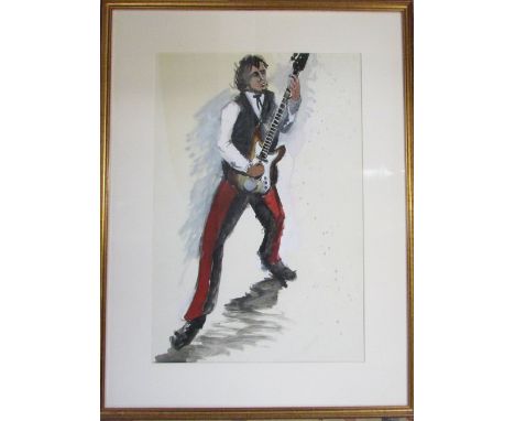 Acrylic and watercolour painting of Bill Wyman (The Rolling Stones) by D R Adamson, signed D Adamson (Winchester School of Ar