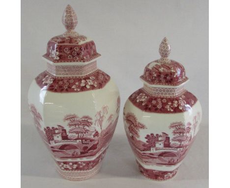 2 Spode 'Pink Tower' ginger jars 37 cm and 32 cm (one finial af)