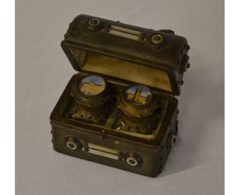 Leather & mother of pearl dual travelling inkwell shaped as a miniature treasure chest, both inkwells having small hand paint