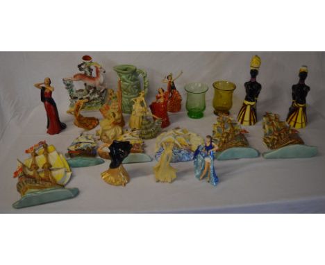 Various figures of ladies including Wade, wall plaques of galleons including Beswick (cracked) Burleigh ware elephant jug etc