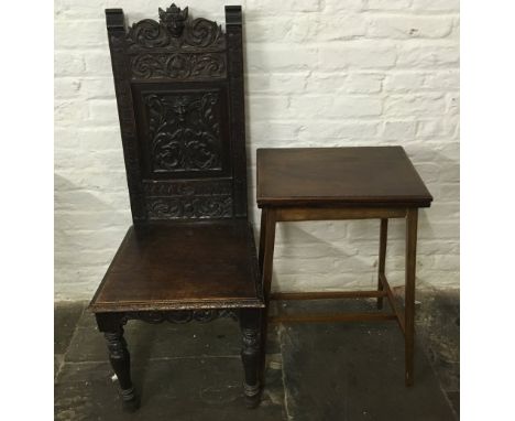 Late 19th century carved oak hall chair & a small Edwardian foldover card table (top detached)