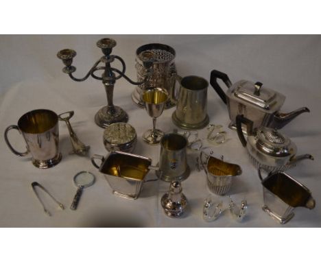 Various silver plate and pewter including tankards, tea service etc