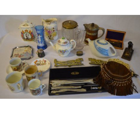 Various ceramics including commemorative ware, Mary Gregory style vase, draftsman's tools etc (AF)