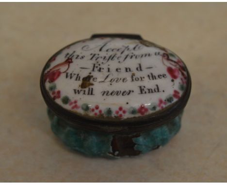 Enamel patch box with motto 'Accept this trifle from a friend, where love for thee will never end' (In very poor condition wi
