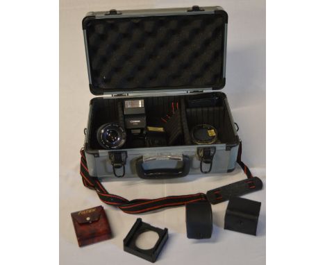 Camera accessory case, various lenses, filters and flashes