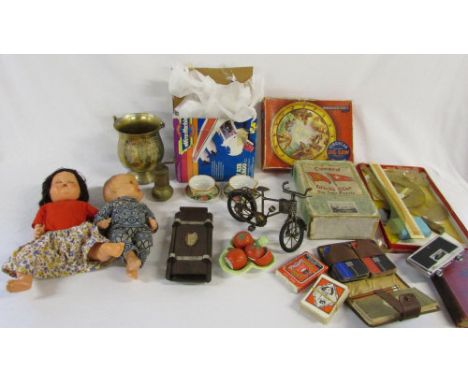 Various items inc child's tea set, Cunard White Star jigsaw puzzle, playing cards, dolls, brass pepper grinder etc