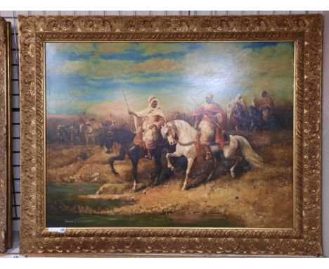 LARGE OIL ON CANVAS OF ARABIC HUNTING SCENE - FRAMED AND SIGNED BY G DECALIWE 89CM (H) X 118CMS (W) INNER FRAME APPROX