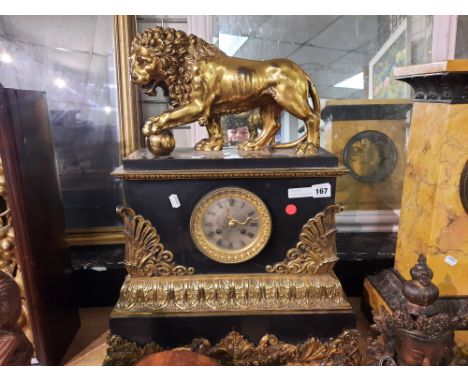 BLACK SLATE &amp; BRASS TRIM HANDLE FRENCH MOVEMENT CLOCK - 63 CMS (H) APPROX