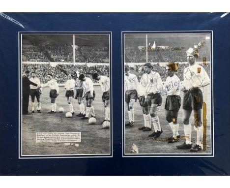 Football Multi signed 14x20 vintage England squad photo. England squad being greeted by Lord Harewood President of the Footba