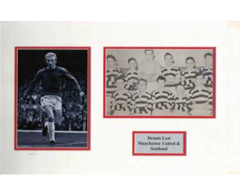 Football Denis Law 18x11 mounted signature piece includes signed black and white school team photo and black and white photo.