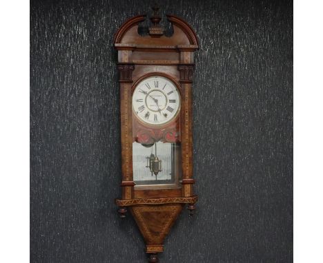 Kay and Company inlaid walnut regulator wall clock with pendulum door, H: 118 cm. Not available for in-house P&amp;P 