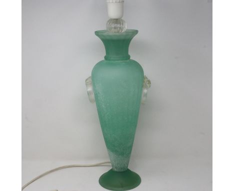 Large green Murano glass urn form lamp, H: 70 cm, one handled reglued. All electrical items in this lot have been PAT tested 