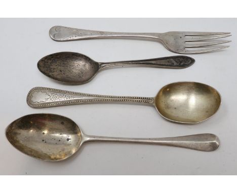 Victorian and later hallmarked silver spoons and fork, including a rattail example, combined 113g (4). P&amp;P Group 1 (£14+V
