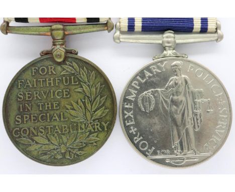 KGVI Special Constabulary Faithful Service medal named to Henry E Whitehead, and a QEII Exemplary Police Service medal named 