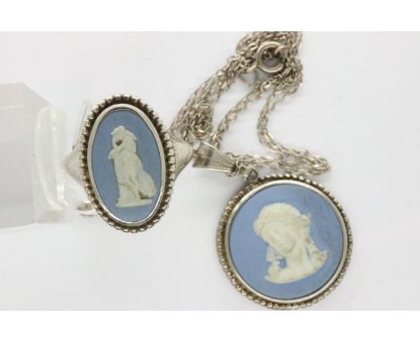 Wedgwood blue Jasperware ring and pendant necklace, ring size N, chain L: 46 cm. P&amp;P Group 1 (£14+VAT for the first lot a