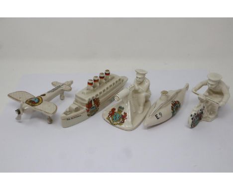 Five pieces of crested ware including The Lusitania from Llandudno, largest L: 17 cm, signs of age. P&amp;P Group 3 (£25+VAT 