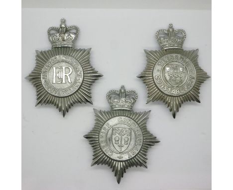 Three UK police helmet plates: Teesside Constabulary, Cheshire Constabulary and Leicestershire &amp; Rutland Constabulary. P&