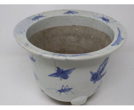 A Chinese 18th century export ceramic planter, the body decorated with butterflies, grasshoppers and other insects, raised on