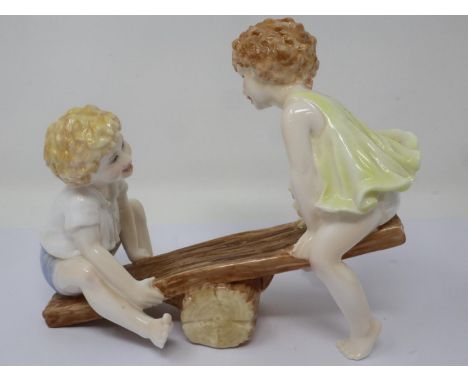 Royal Worcester See-saw figural group, no cracks or chips, L: 20 cm. P&amp;P Group 3 (£25+VAT for the first lot and £5+VAT fo