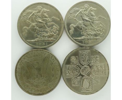 1888 Morgan dollar, two 1951 crowns and a coronation crown. P&amp;P Group 1 (£14+VAT for the first lot and £1+VAT for subsequ
