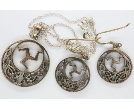 Charles Rennie Mackintosh style Isle of Man drop earrings and a pendant necklace, chain L: 44 cm. P&amp;P Group 2 (£18+VAT fo