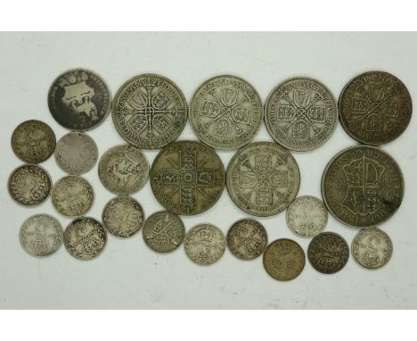 UK silver coins, threepence to half crown, dates 1825 - 1936, varied grades. P&amp;P Group 1 (£14+VAT for the first lot and £