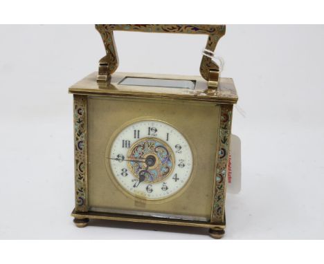 Late 19th Century brass and cloisonné carriage clock with bevelled glass panels, enamel and cloisonné dial with Arabic numera