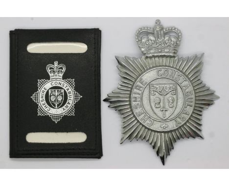 Cheshire Constabulary: pressed metal helmet plate and leather ID flip-wallet. P&amp;P Group 1 (£14+VAT for the first lot and 