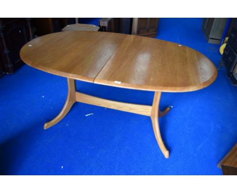 A modern Ercol or Parker Knoll style extending, whale-tail style legs, oval table, 100cm wide x 157cm long extending to 200cm