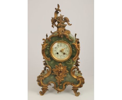 Early 20th century mantel clock with French eight day movement, outside countwheel striking on a bell, enamel dial with Arabi