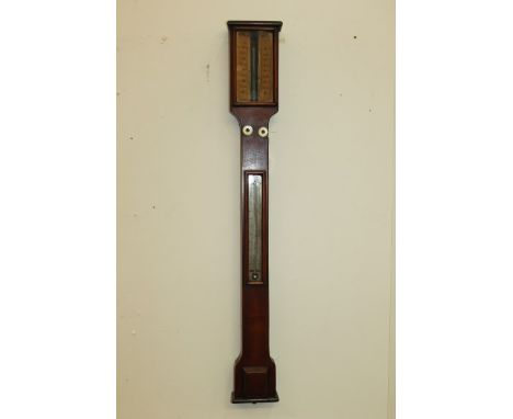 Victorian stick barometer with concealed tube, faux ivory scales signed - R. F. Perkins 1873 and separate thermometer, in a m