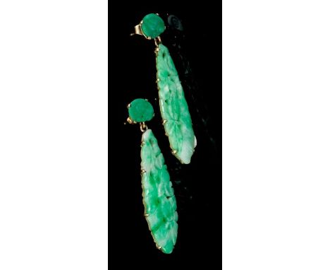 Pair Chinese jade pendant earrings, each with a carved mottled green jadeite jade panel in yellow metal setting, suspended fr