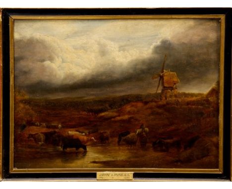 John Linnell (1792 - 1882), oil on board - The Windmill, cattle and herders watering below a windmill in extensive landscape,