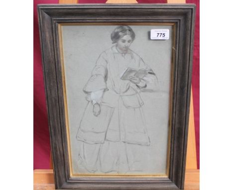 Three Victorian English School studies - black and white chalk sketch of a gentleman, another a female in cloak and bonnet, t