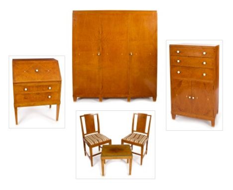 Good quality 1930s Art Deco burr cedar suite of furniture, comprising triple wardrobe enclosed by three inlaid doors with ivo