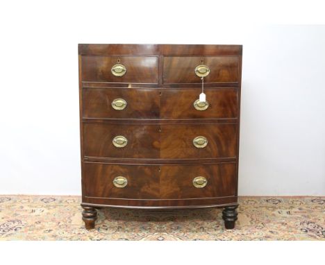 Victorian mahogany bow front chest of two short and three long graduated drawers, on turned feet, 107.5cm high x 90cm wide x 