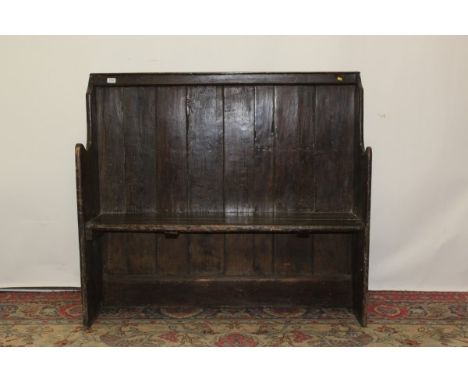 19th century oak and elm pew bench with panelled back, 109cm high x 122cm wide