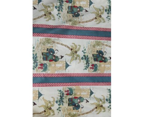 Pair of good quality interlined curtains in the chinoiserie style, with figure and pagoda decoration, 120cm wide x 150cm drop